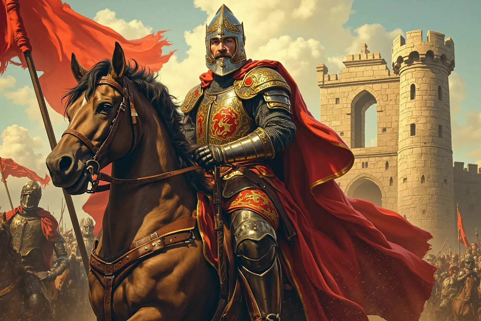 A medieval Spanish knight on horseback in front of a castle, epic illustration style