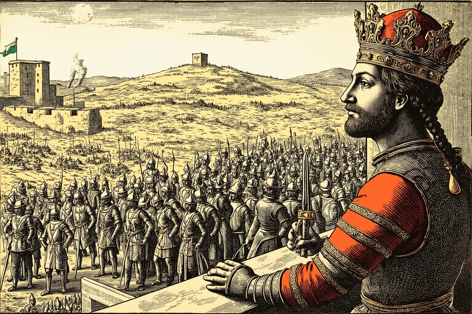 Wars Started By Women: The Rebel Queens Who Changed History 11 A medieval Spanish queen in armor-trimmed royal dress overseeing a siege of a walled city, Reconquista-era illustration