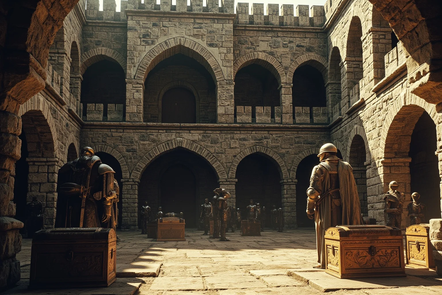 Missing Legendary Treasures That Are Yet to Be Found 8 A medieval stone fortress courtyard with knights in ceremonial armor standing beside sealed treasure chests