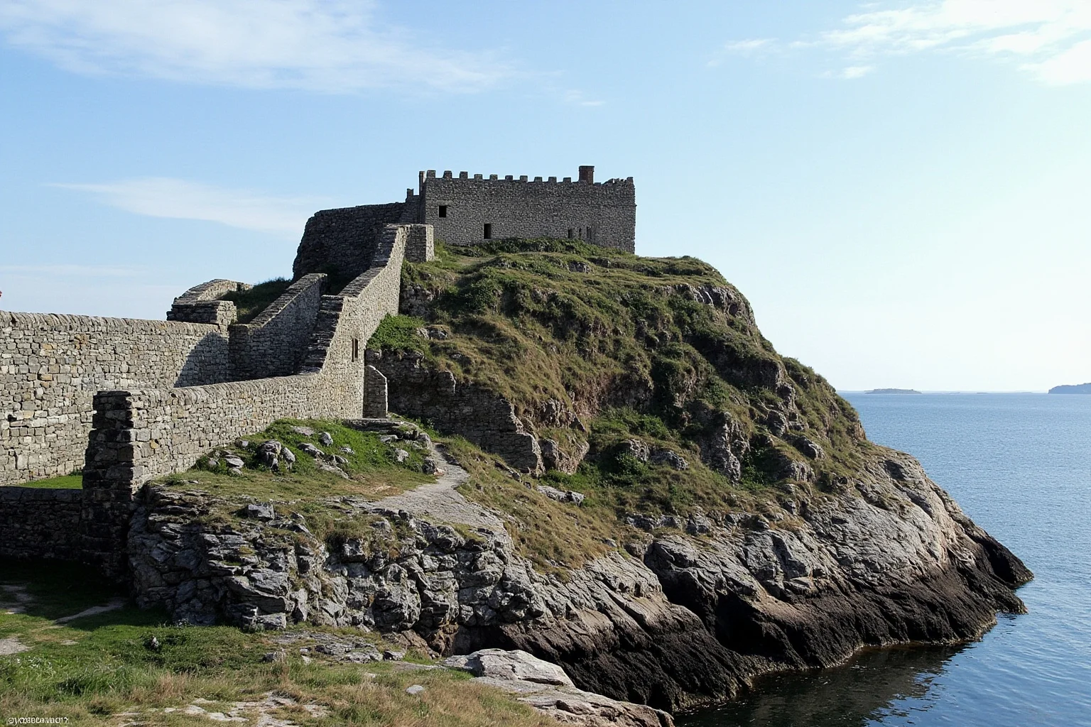 A medieval stone fortress on a rocky outcrop overlooking a Scandinavian harbor