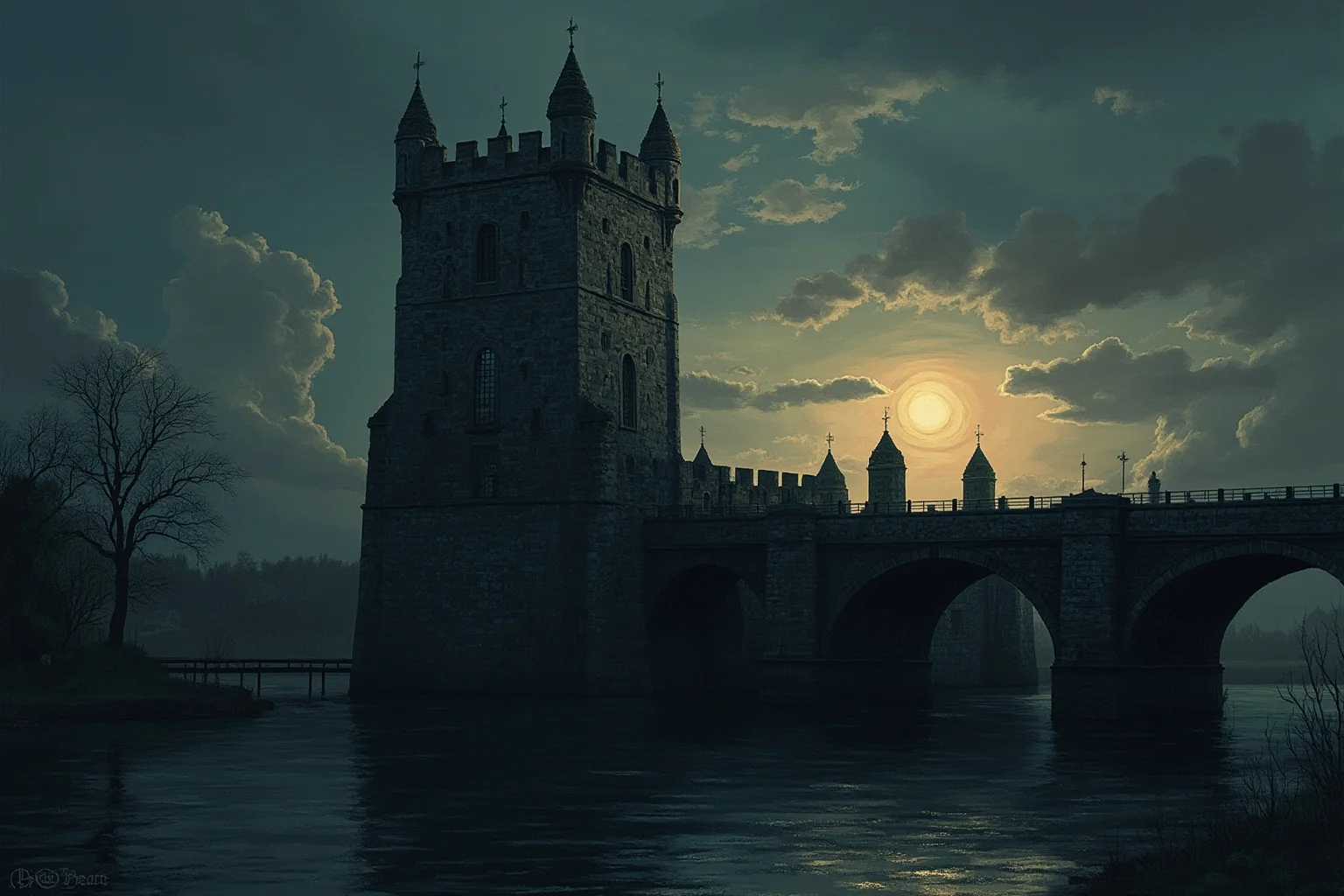A medieval stone tower beside a river at dusk, Tower of London style architecture, moody historical illustration