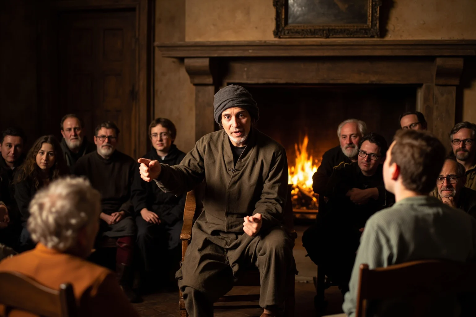A medieval storyteller gesturing dramatically to a seated group of listeners by a fireplace