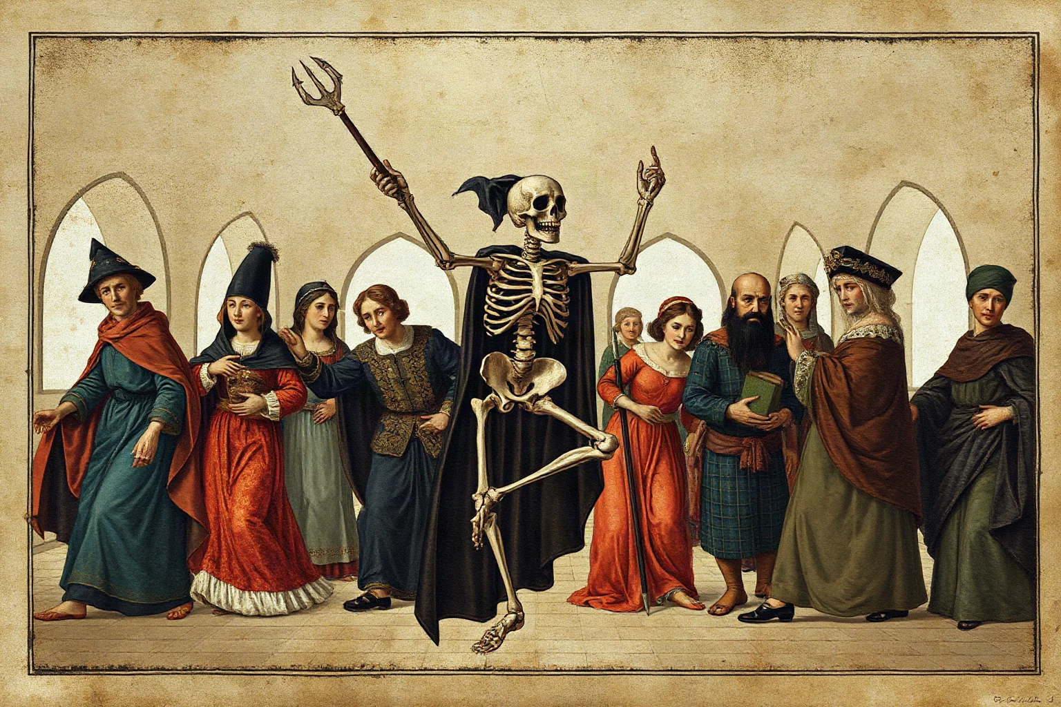 A medieval-style Dance of Death (Danse Macabre) fresco illustration showing a skeletal figure leading a procession of people from different social classes, aged parchment color palette
