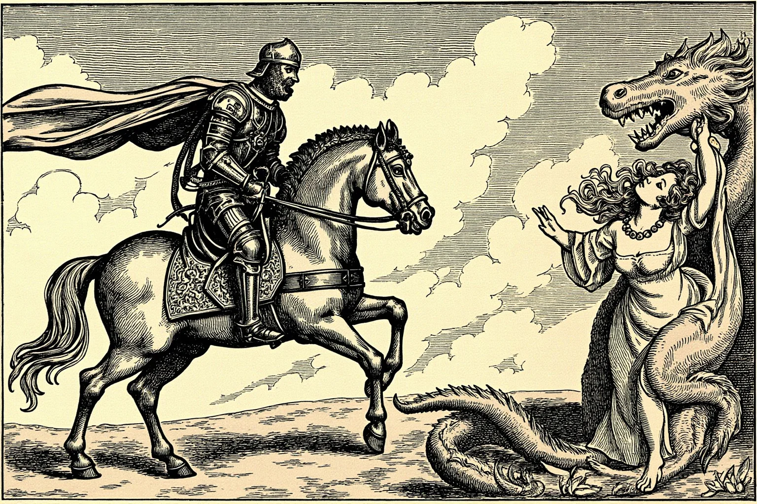 Famous Dragons Throughout History: Myths, Legends, and the Real Stories Behind Them 13 A medieval-style illustration of an armored knight on horseback facing a dragon to rescue a princess