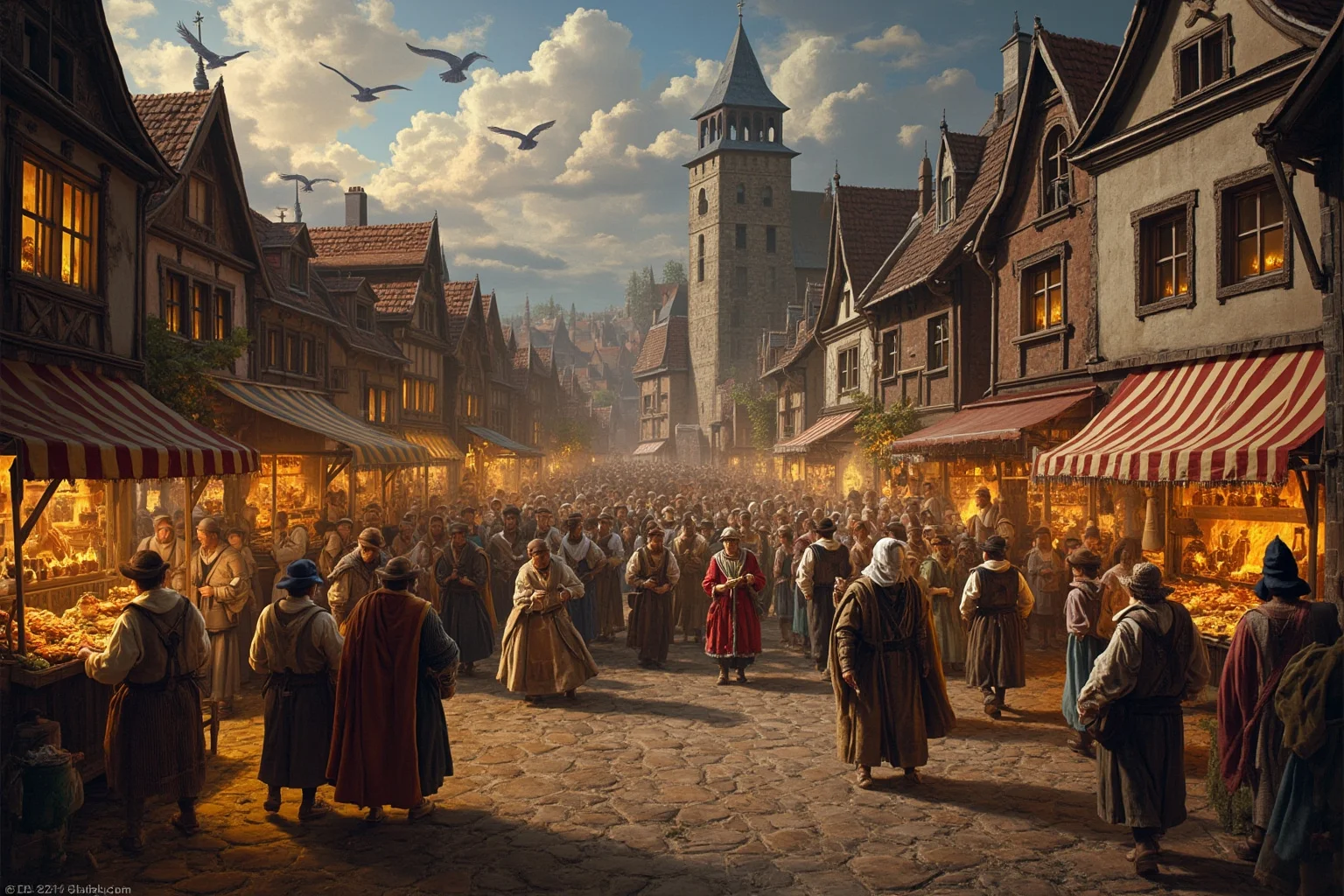 A medieval village celebrating a religious feast day with food stalls, dancing, and church bells