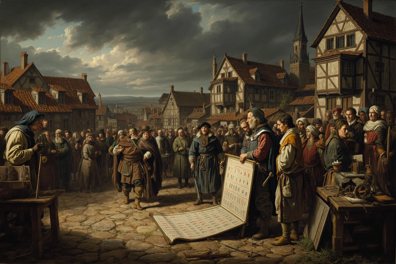 A medieval village square with worried townspeople looking at a calendar under a dramatic sky