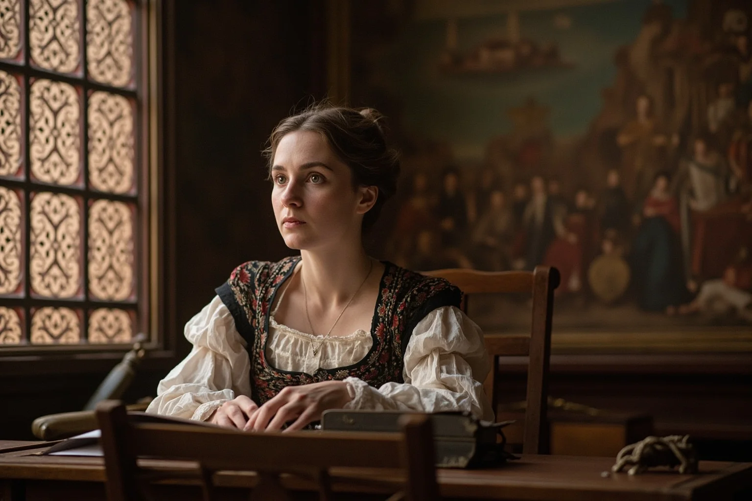 Philosophers Everyone's Heard Of, and 20 Everyone Forgot About 8 A medieval woman in elegant period dress writing at a desk inside an illustrated allegorical walled city