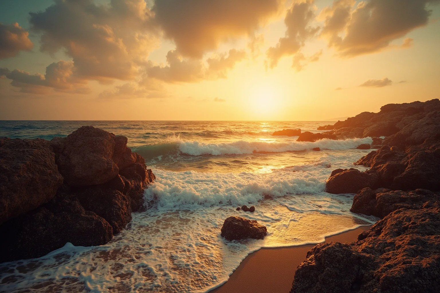 A Mediterranean coastal sunset scene evoking ancient Cyprus, with sea foam and waves near rocky shores, symbolic and atmospheric rather than literal, no human figures, warm golden light
