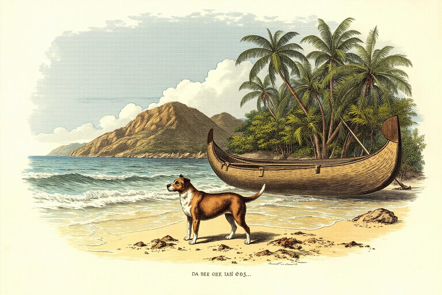 Pooches of the Past: 23 Extinct Dog Breeds and Their Stories 19 A medium-sized dog standing on a Polynesian beach beside a traditional wooden canoe, historical illustration style