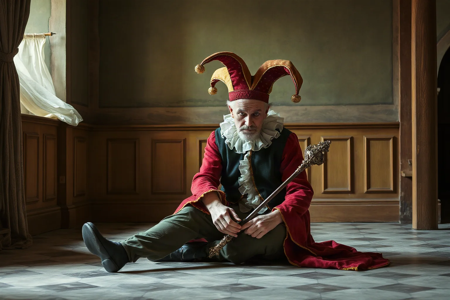 A melancholic court fool in colorful motley sitting alone in a Renaissance Polish castle hall, holding a jester's sceptre