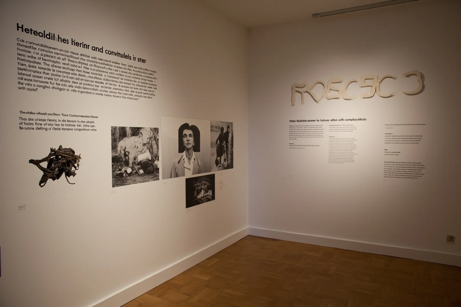 A memorial visitor center interior with wreckage fragments and photographs along a wall