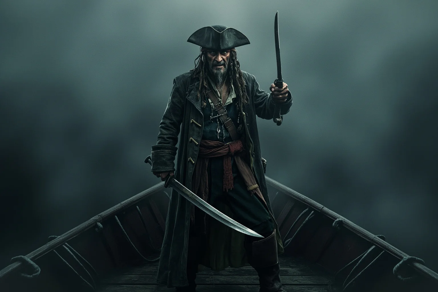 A menacing pirate captain gripping a cutlass on a fog-covered ship bow, moody illustrative style