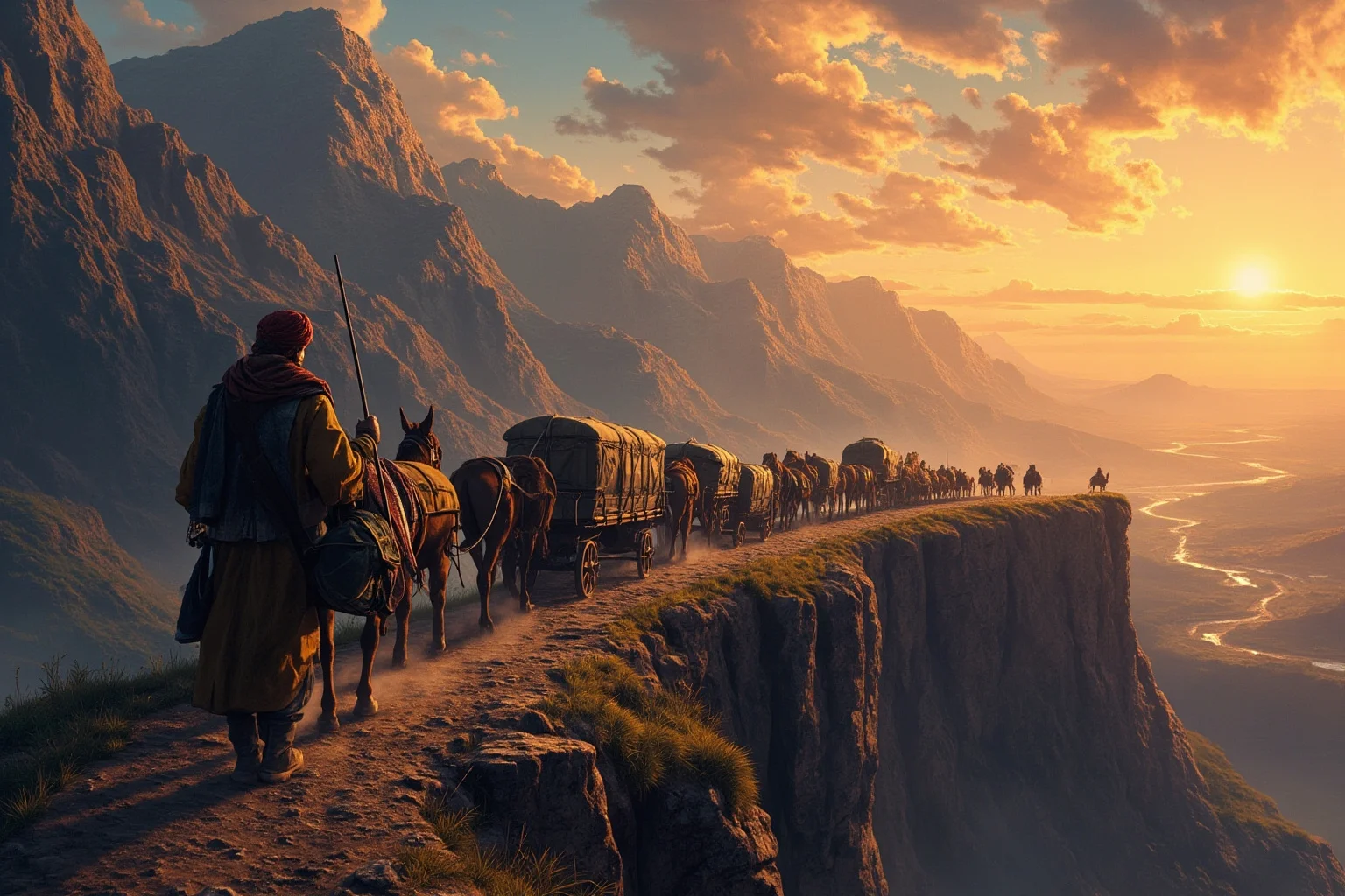 Longest Journeys Ever Undertaken On Foot 4 A merchant traveler with a pack train crossing a mountainous Silk Road landscape at dusk, painterly historical illustration