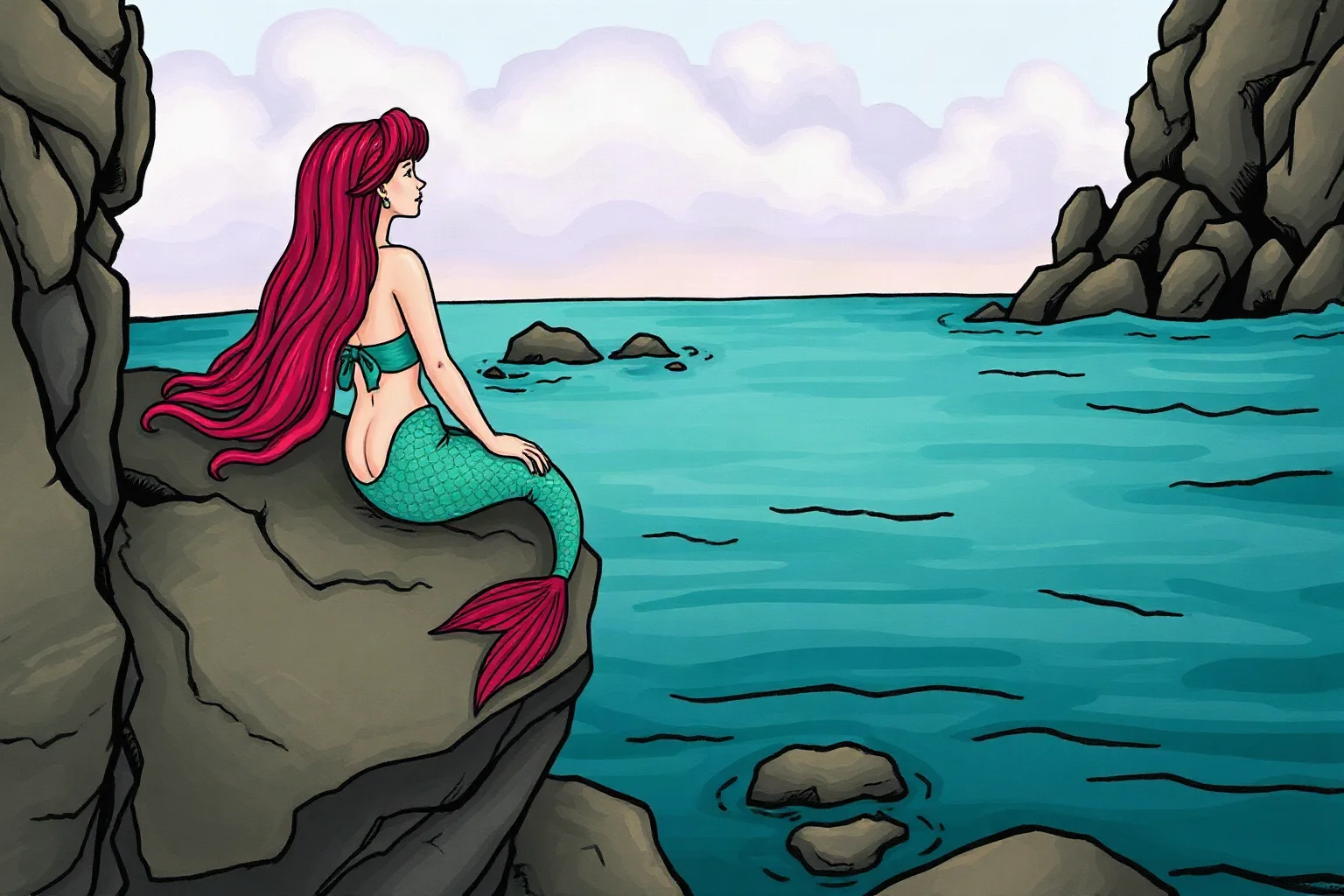 A mermaid with a fish tail sitting on a rock near a rocky coastline, folklore illustration style