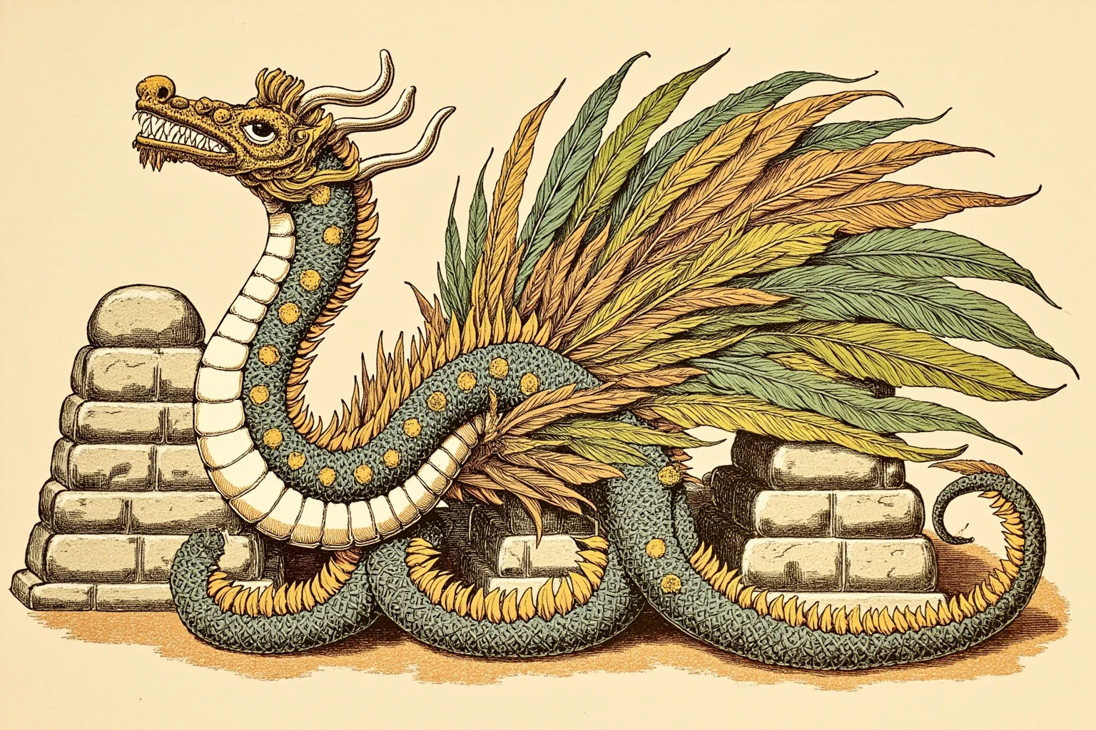 Famous Dragons Throughout History: Myths, Legends, and the Real Stories Behind Them 19 A Mesoamerican-style illustration of a feathered serpent deity coiled among temple stones