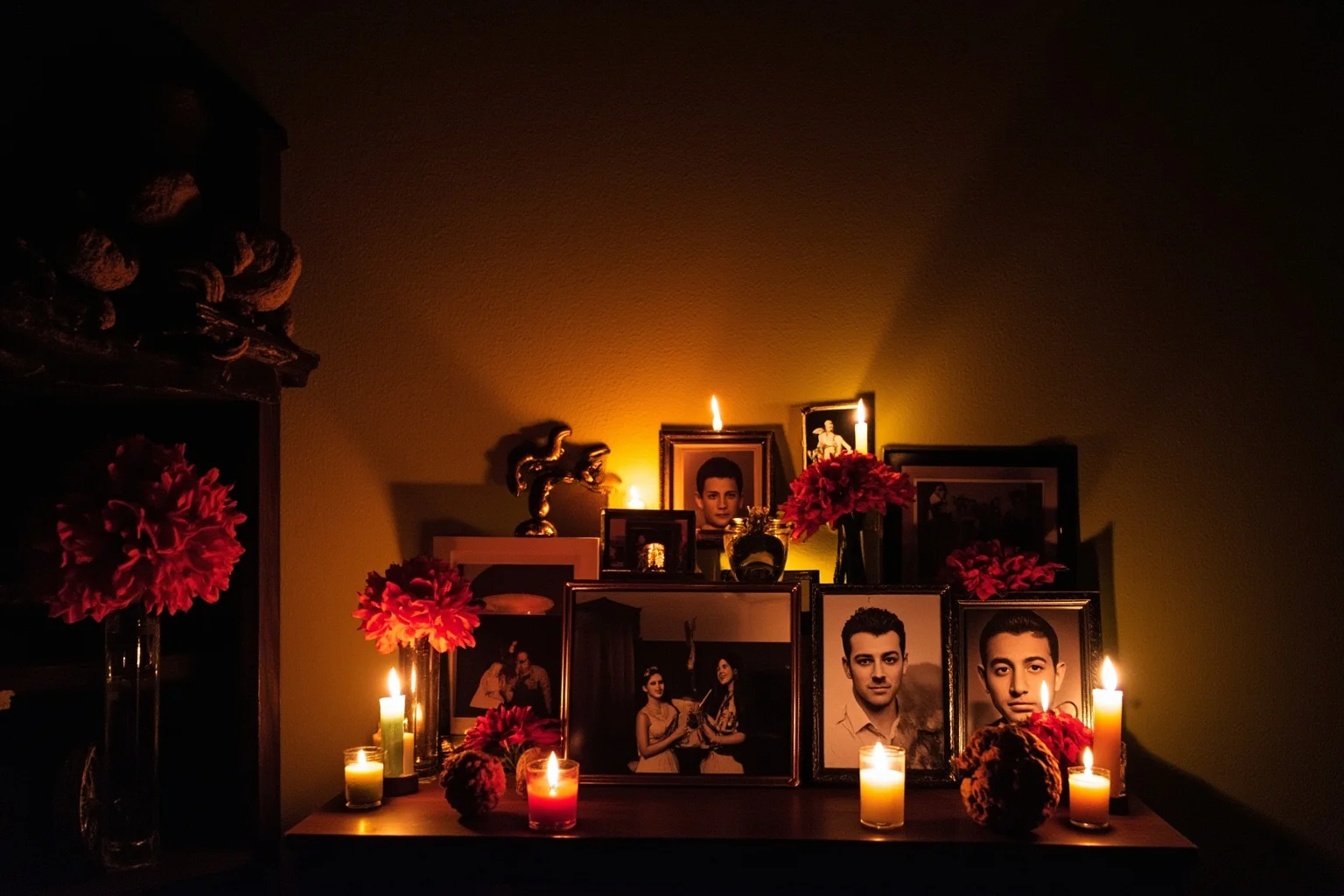 A Mexican family altar decorated with marigolds, candles, and framed photographs at night