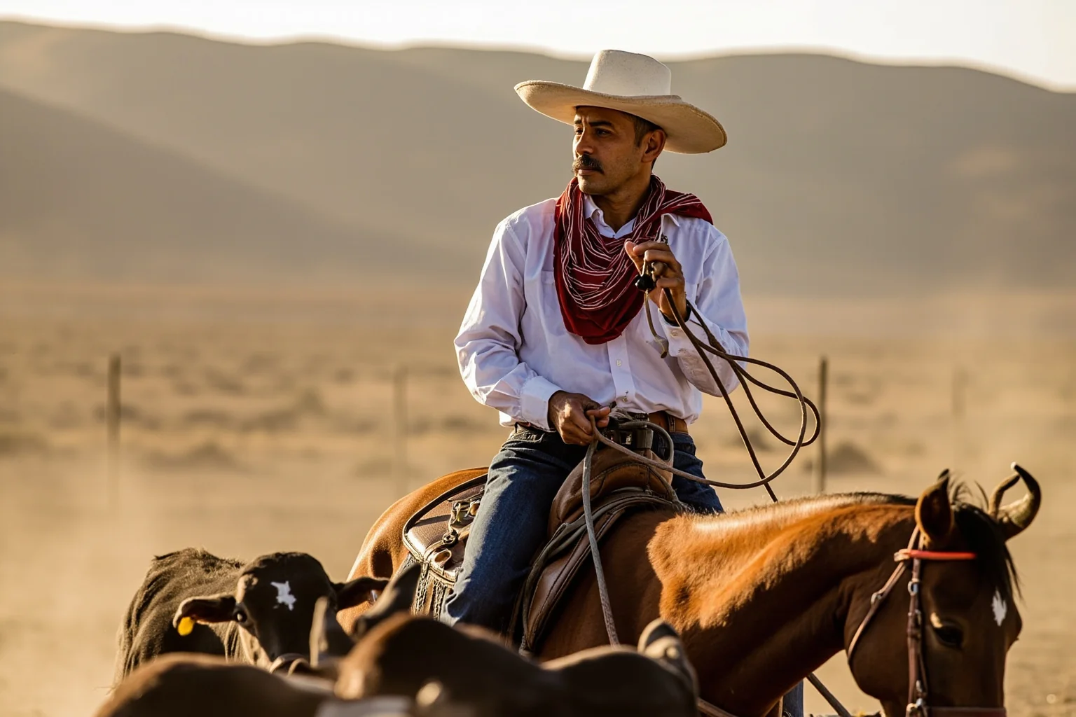 A Mexican vaquero in traditional attire with a lariat and wide-brimmed hat, roping cattle on horseback