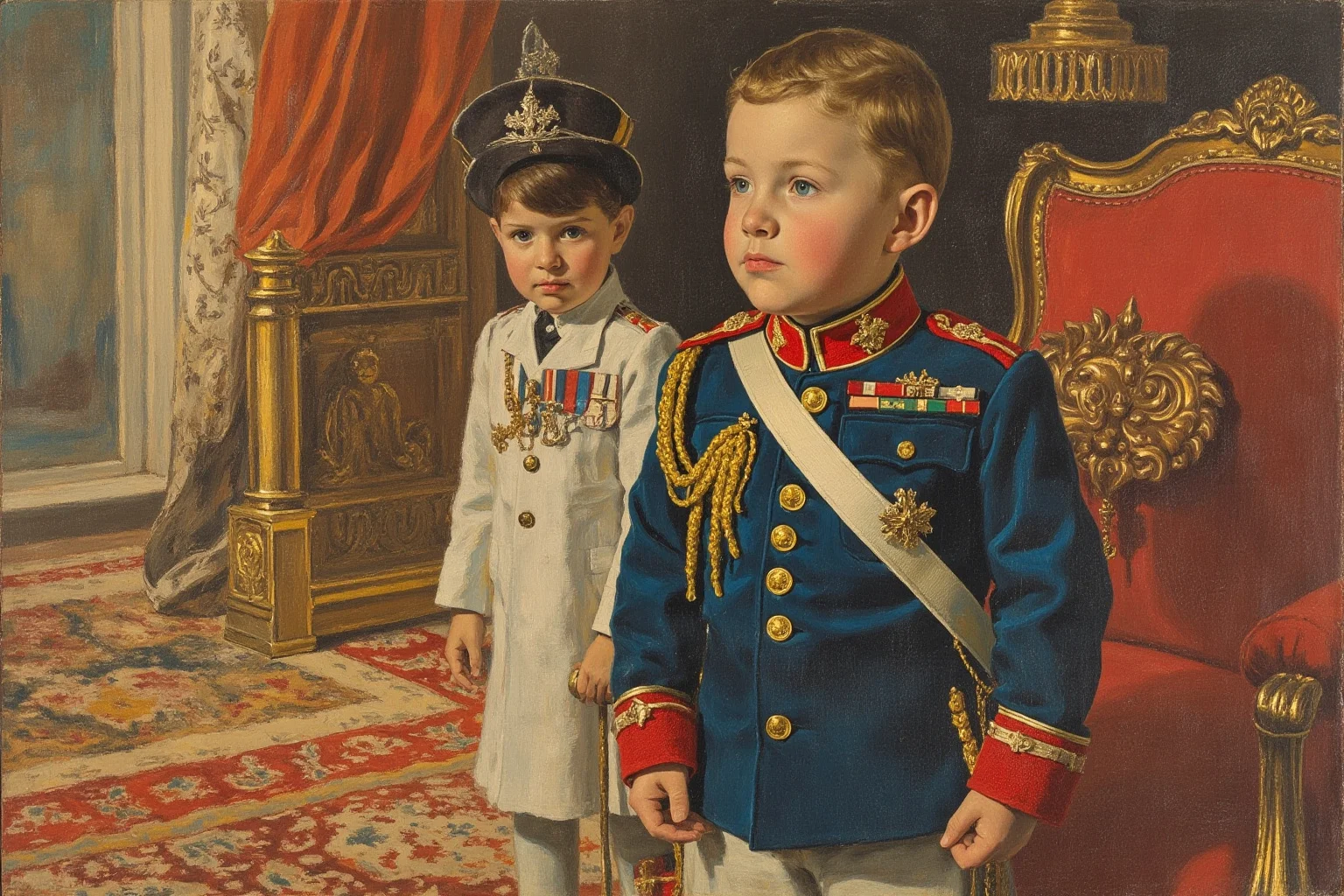 A mid-20th-century Eastern European royal palace scene with a small child in military-style royal uniform, illustrative painting style