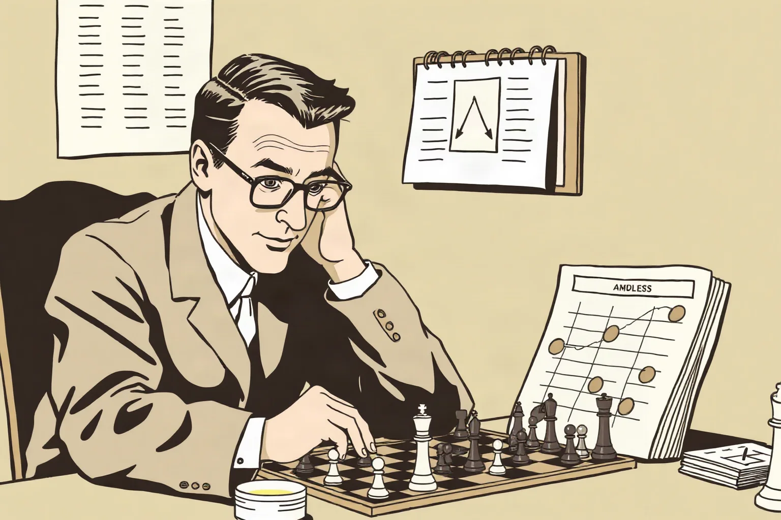 A mid-20th-century illustration of a scientific-looking chess player with notebooks and analysis sheets beside the board