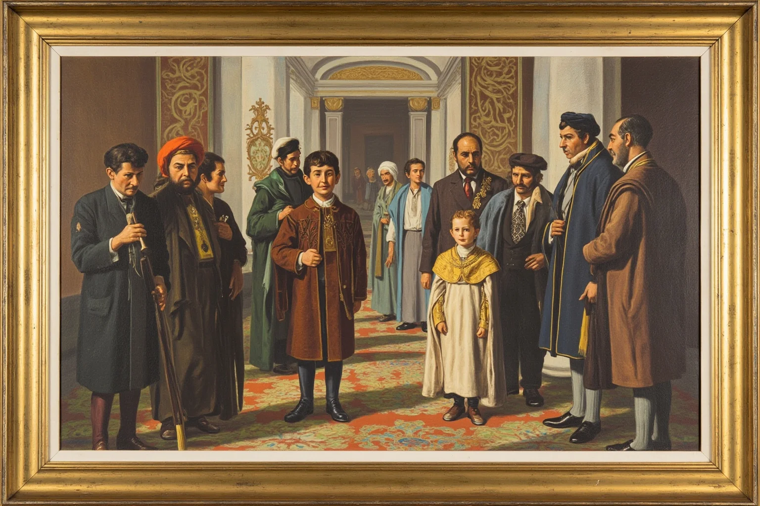 A mid-20th-century Middle Eastern royal palace scene with a young child in formal royal attire flanked by advisors, illustrative painting style