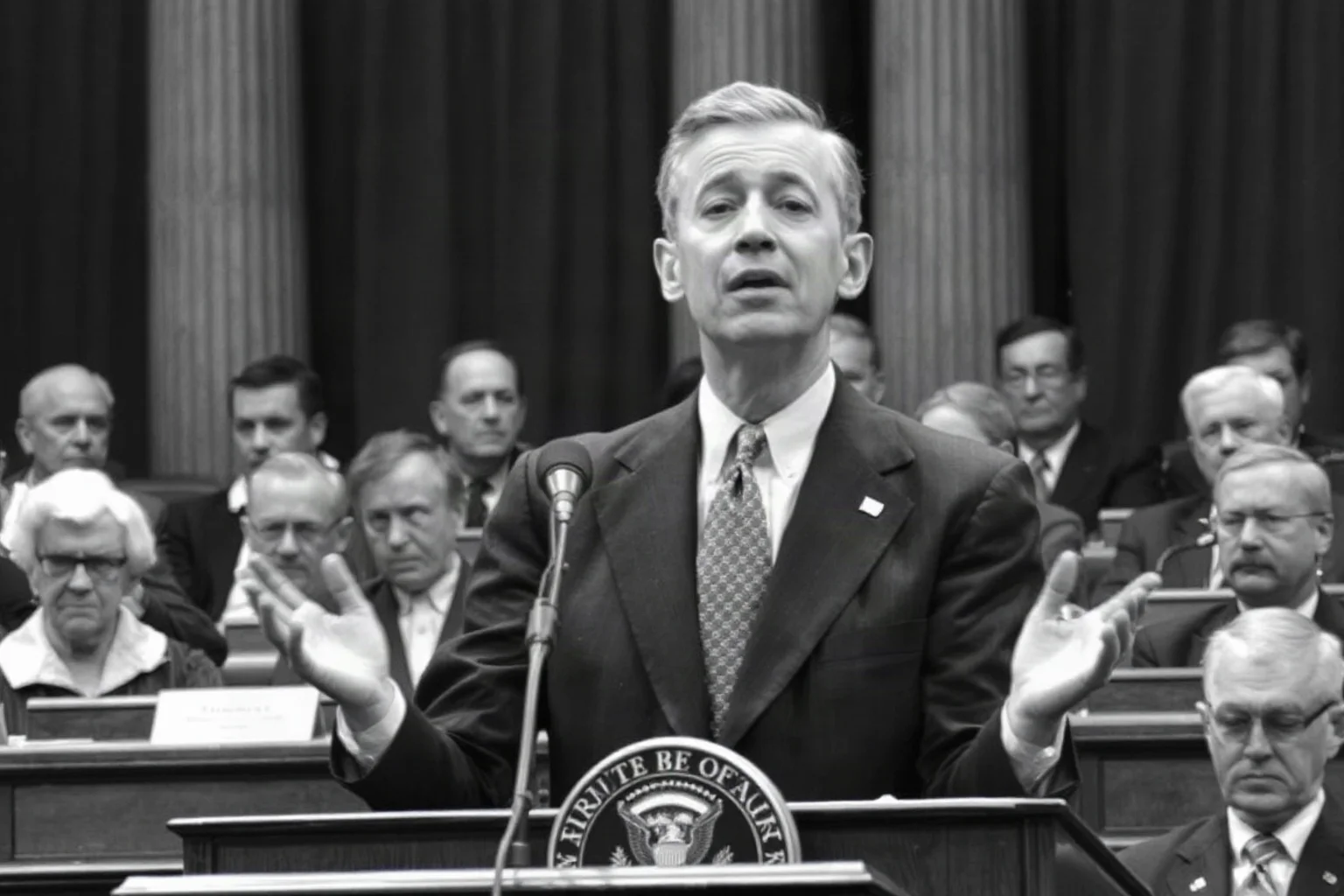 A mid-20th-century president addressing a joint session of a legislative assembly
