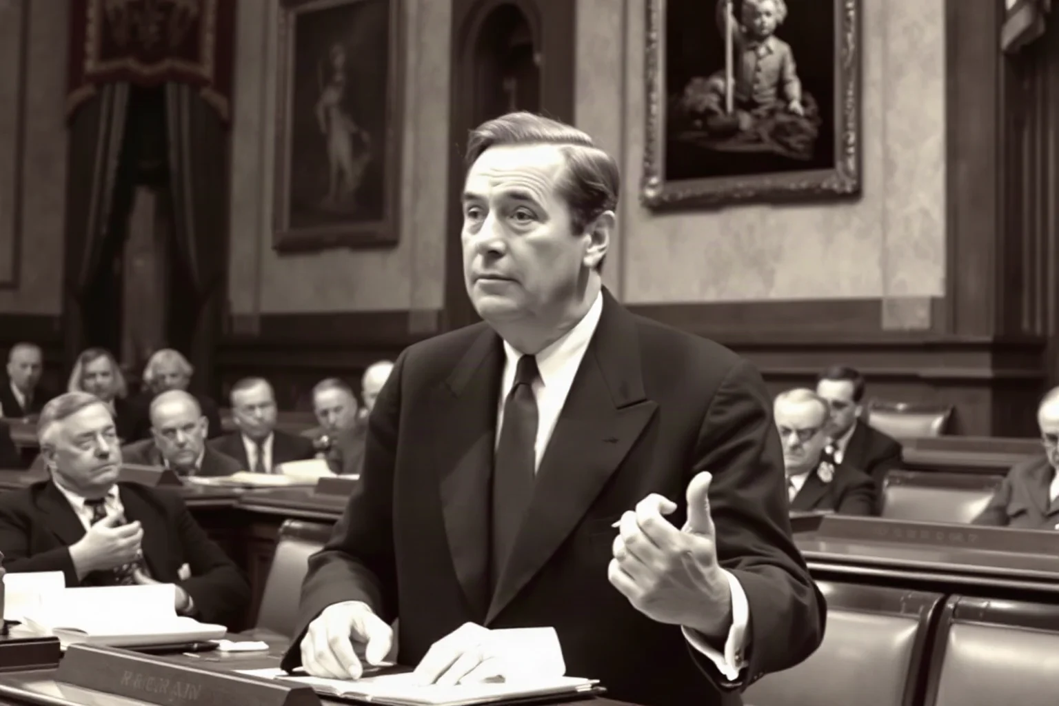 A mid-20th-century statesman addressing a formal legislative chamber, wartime atmosphere