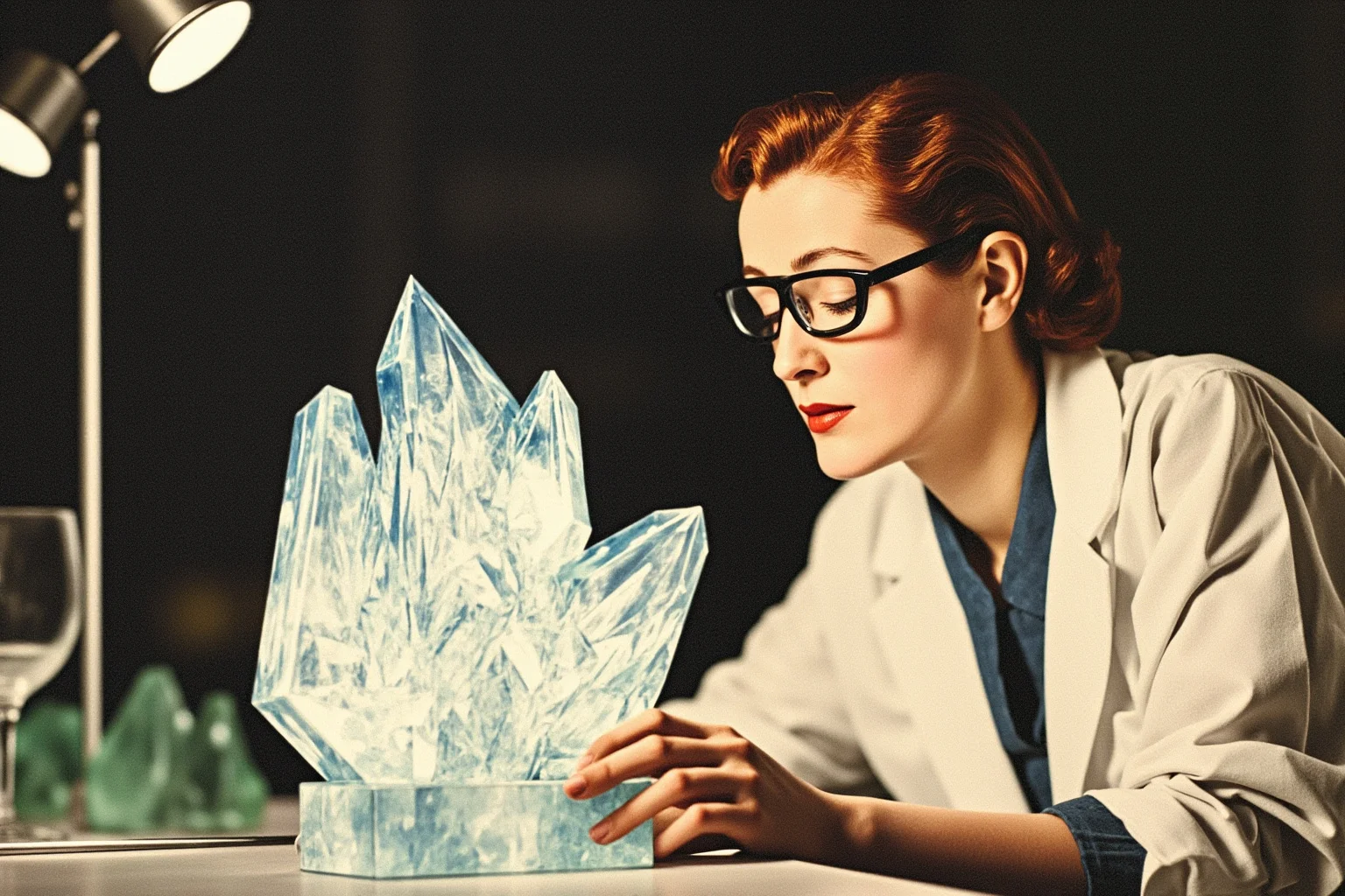 A mid-20th-century woman chemist studying a crystal model structure under laboratory lighting, illustrative style