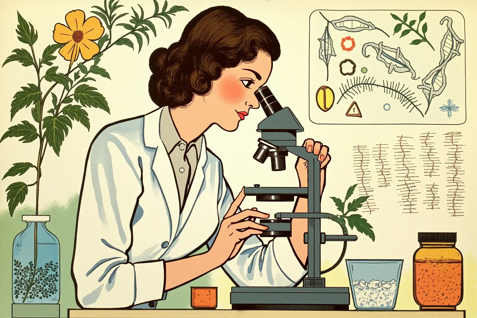 A mid-20th-century woman geneticist examining plant specimens and chromosome diagrams under a microscope, illustrative style