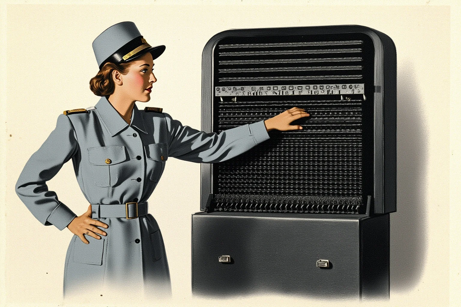 A mid-20th-century woman in a naval uniform standing beside an early large computer with punch cards, illustrative style