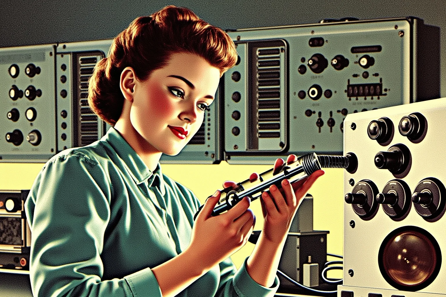 A mid-20th-century woman physicist adjusting scientific instruments in a nuclear physics laboratory, illustrative style