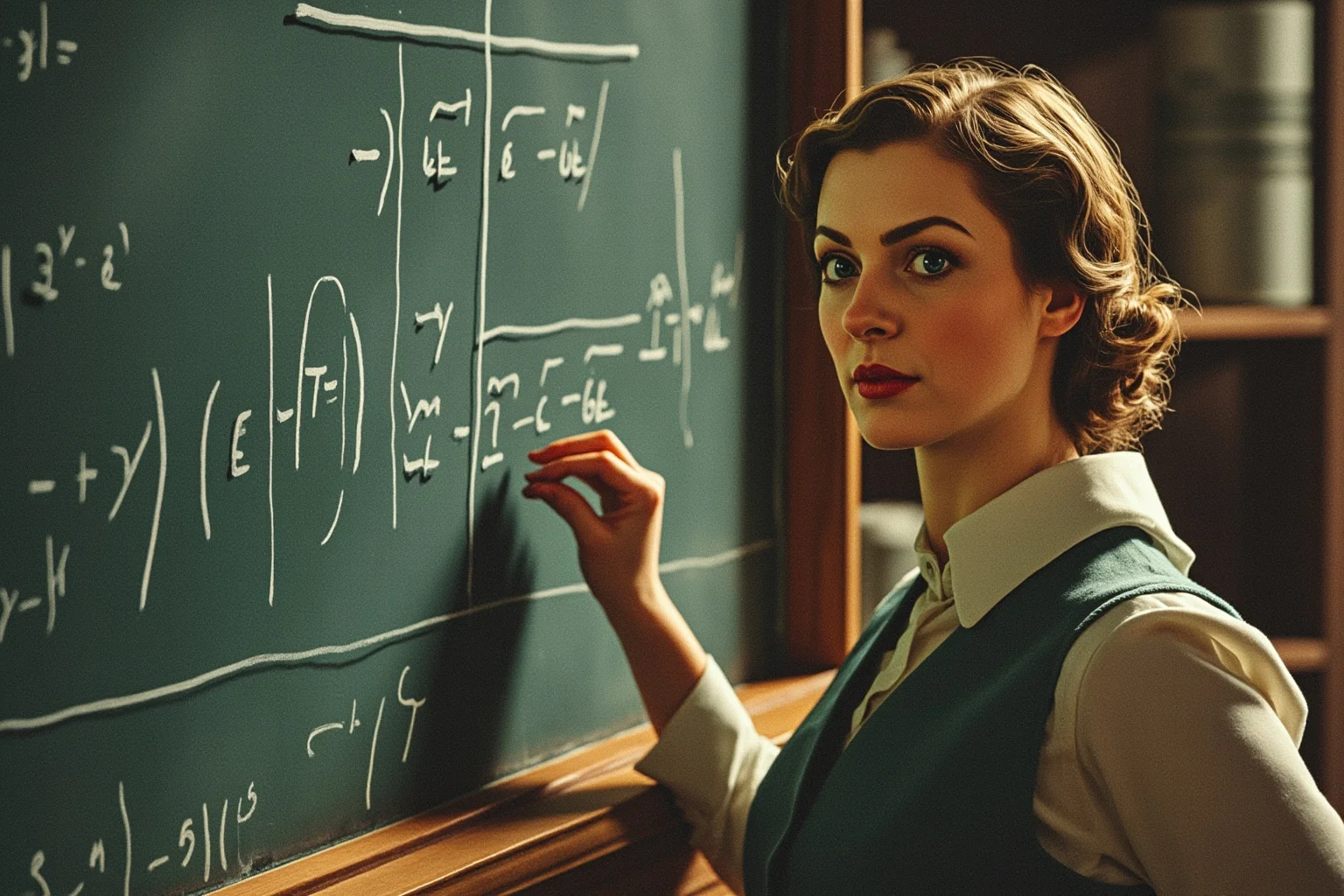 A mid-20th-century woman physicist studying handwritten equations at a chalkboard in a European laboratory, illustrative style