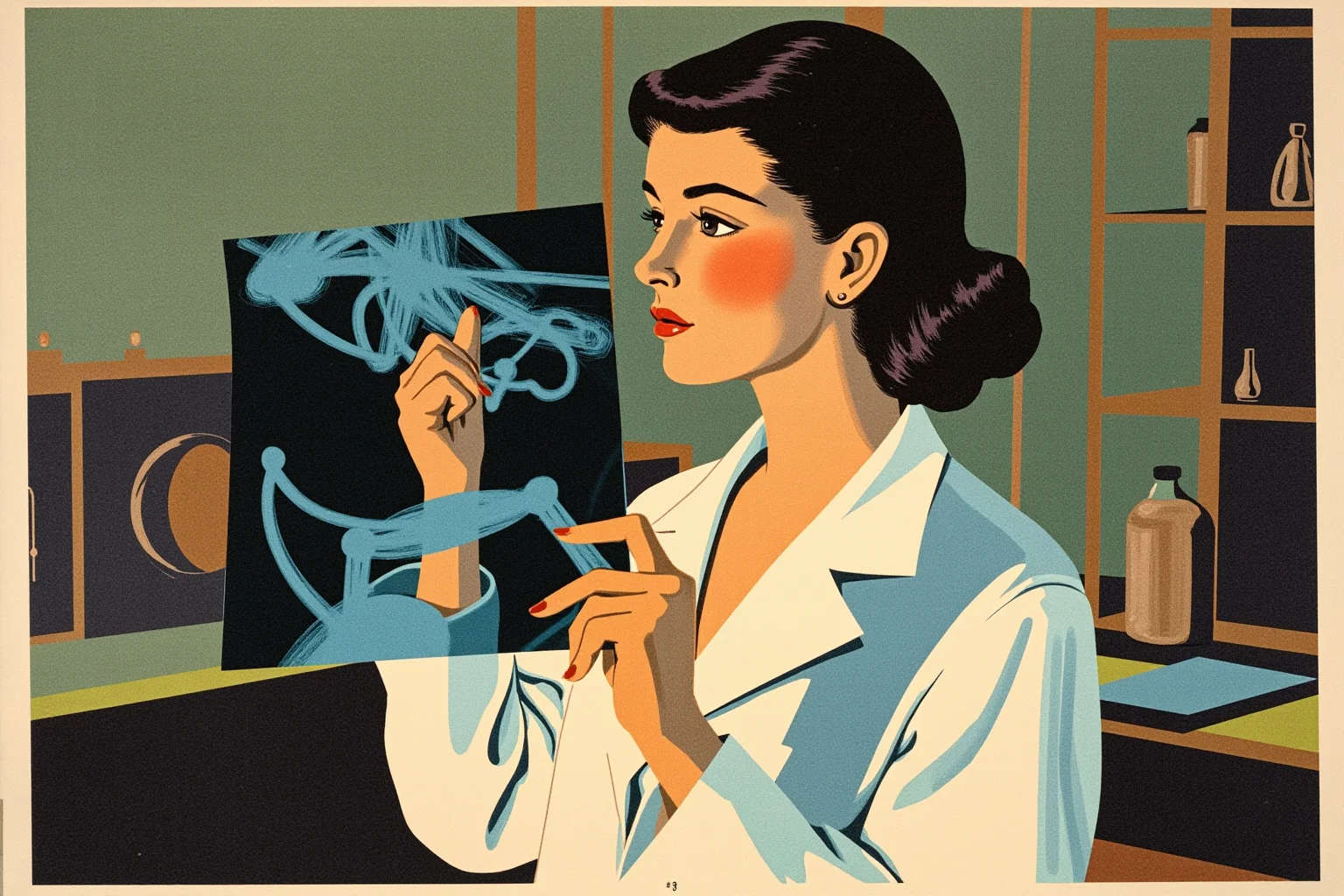 A mid-20th-century woman scientist examining X-ray film of a molecular structure in a research lab, illustrative style