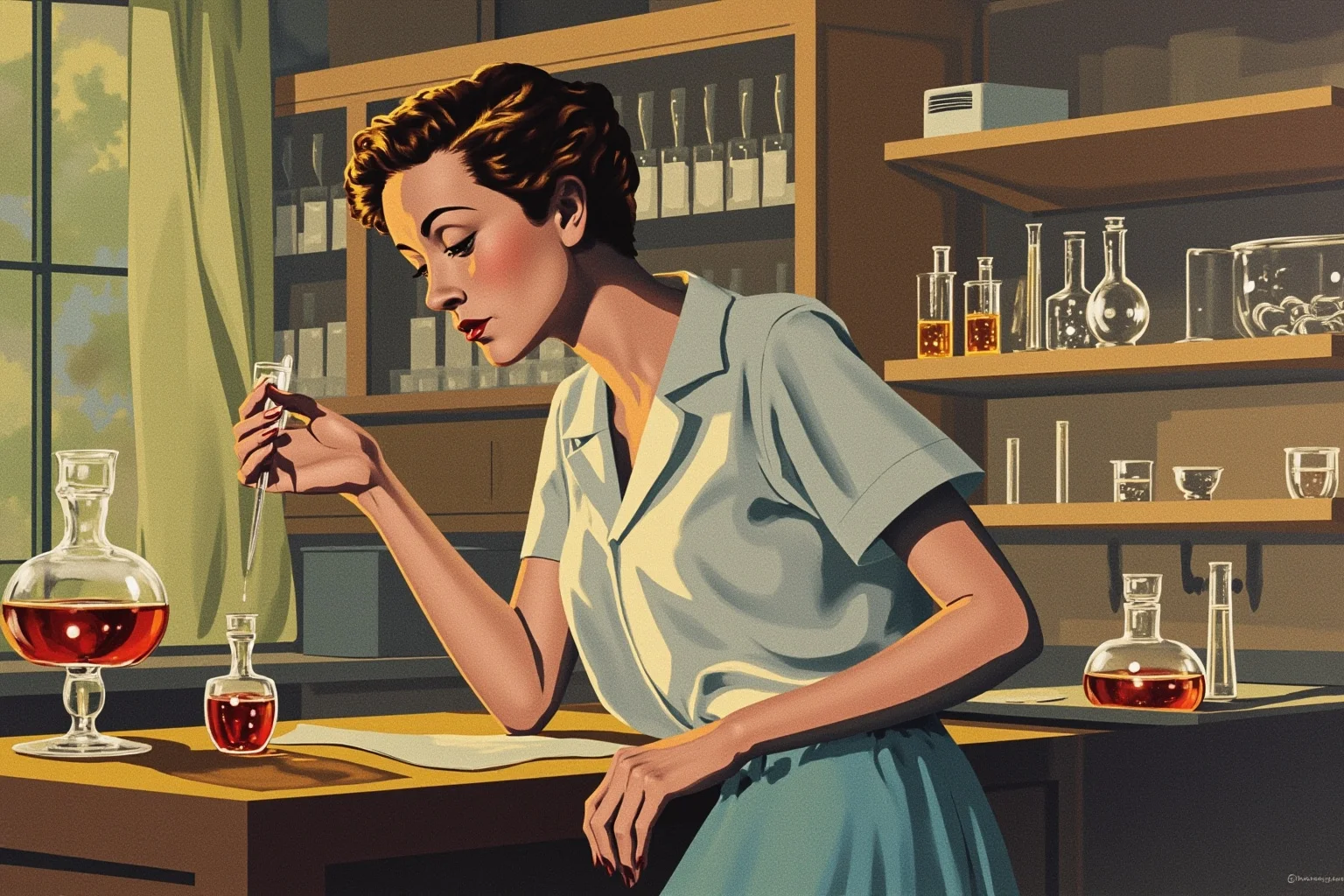 A mid-20th-century woman scientist working quietly at a small home laboratory bench with laboratory glassware, illustrative style