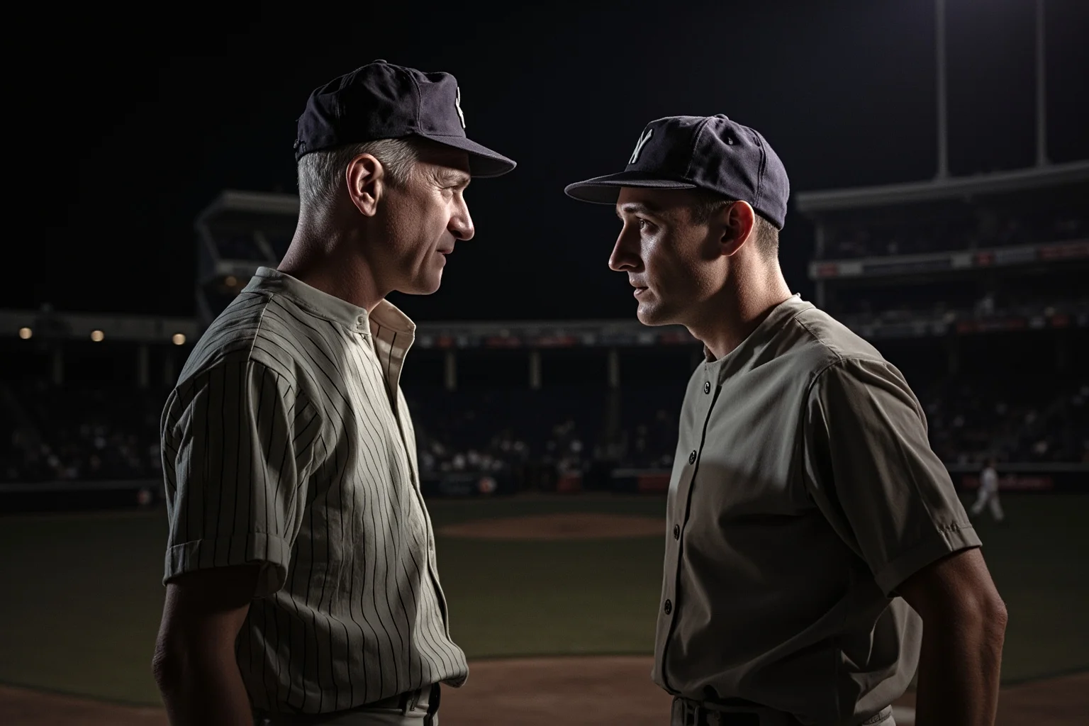 Biggest Brawls In Baseball History 5 A mid-century baseball manager in an old-style uniform squaring off with a teammate outside a stadium at night, dramatic shadows