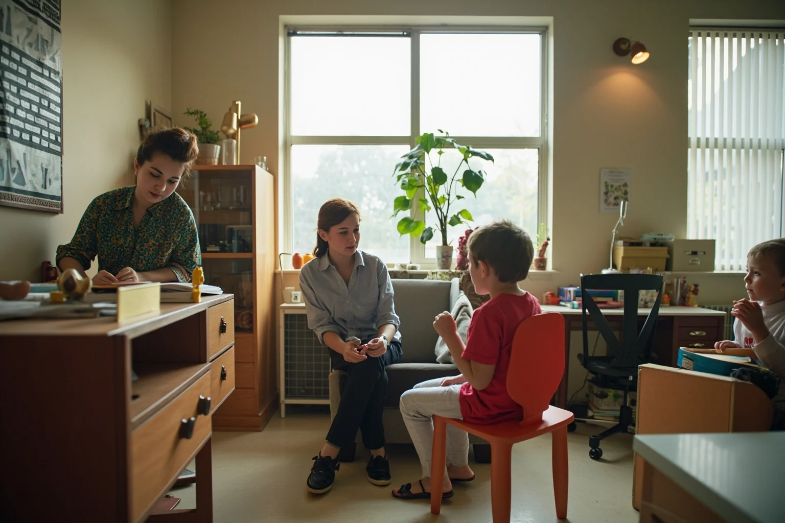 A mid-century clinical office with a female therapist working with a child using play therapy techniques and observation
