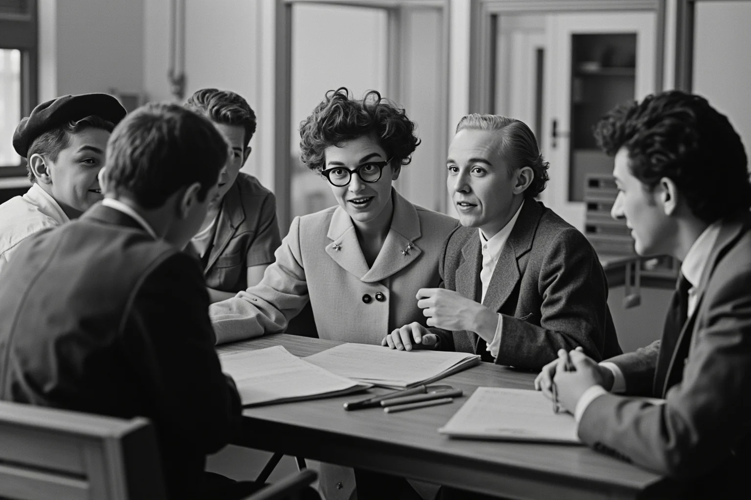 A mid-century group dynamics or social psychology laboratory with researchers and participants in discussion
