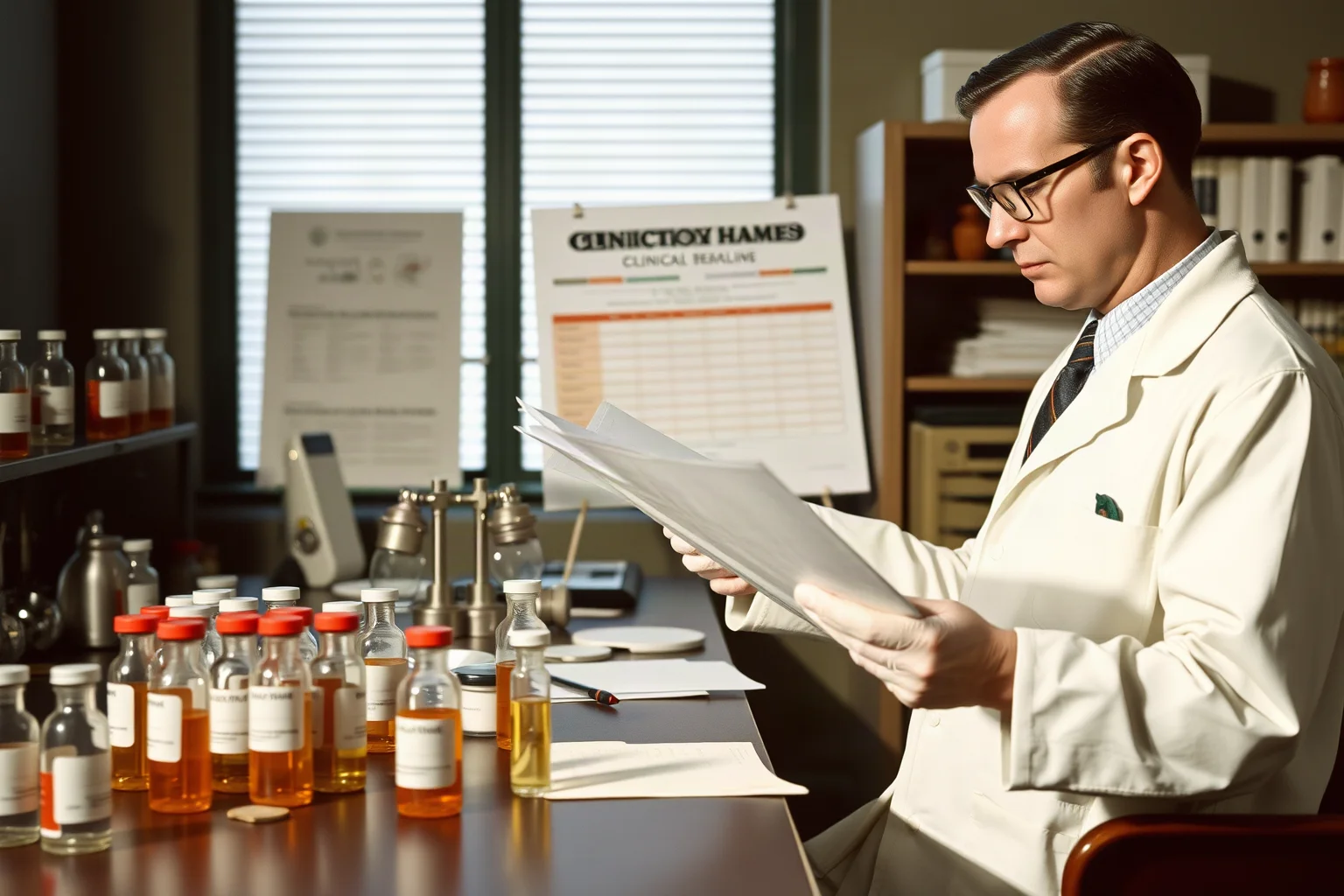 A mid-century laboratory scene with vials of vaccine and a scientist reviewing clinical trial charts