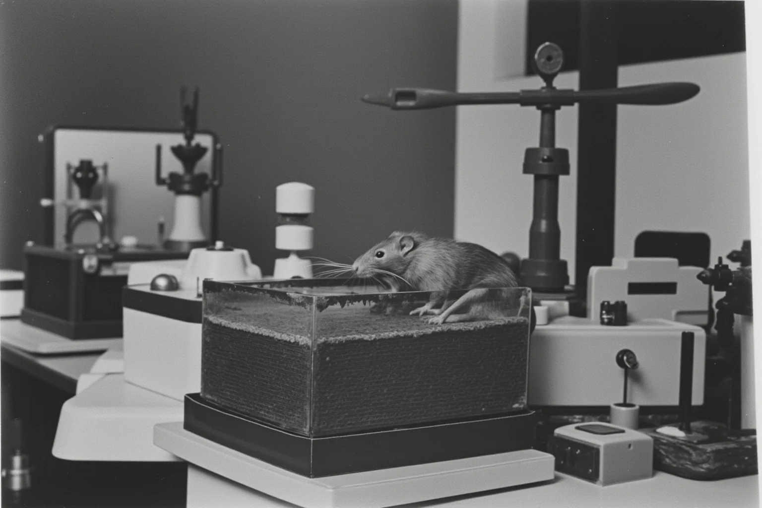 A mid-century laboratory with a rat in a box apparatus surrounded by measurement tools and behavioral observation equipment