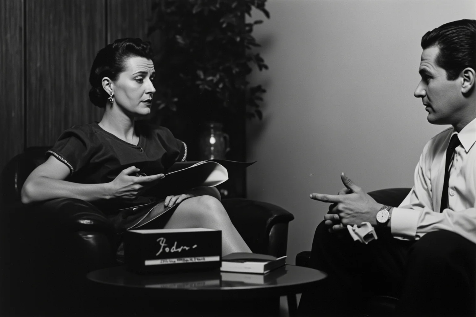 A mid-century office with a female psychologist discussing personality traits and individual differences with a patient