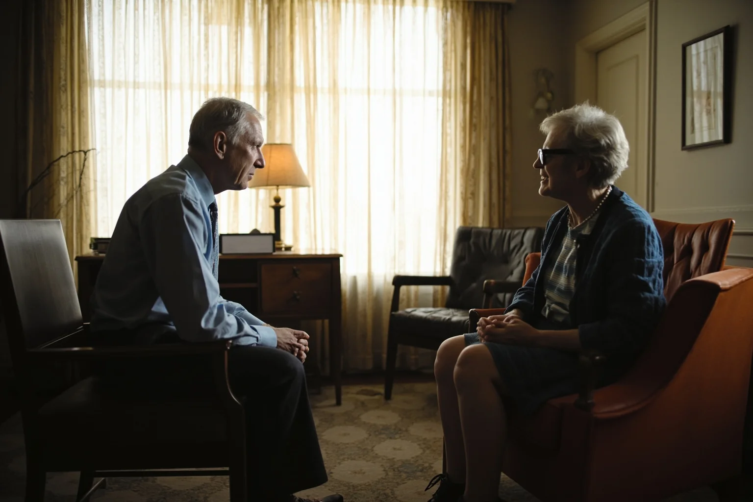A mid-century office with a therapist and patient in conversation, representing psychosocial development theory across ages
