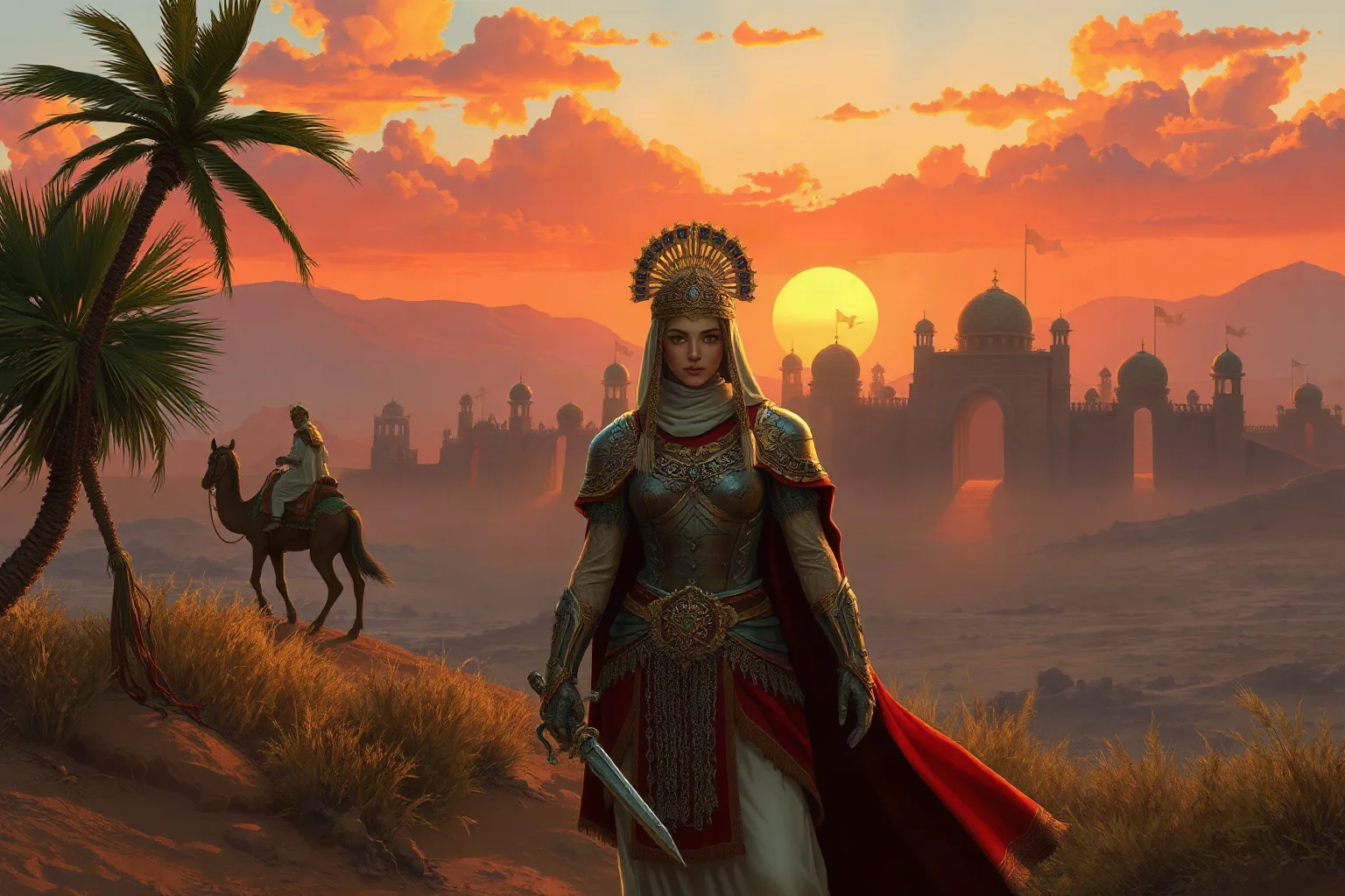 A Middle Eastern desert queen in ornate armor standing before a caravan city at sunset, historical illustration