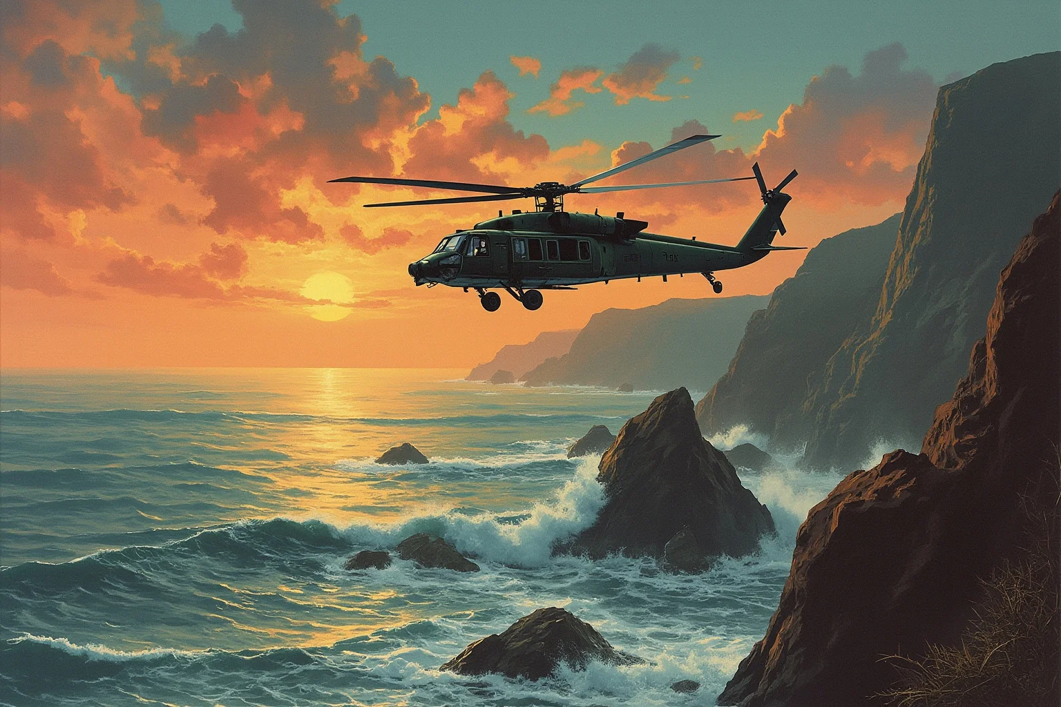 Memorable Moments Of Friendly Fire Throughout History 13 A military helicopter flying low over a rocky coastal landscape at dusk, generic 1980s style illustration