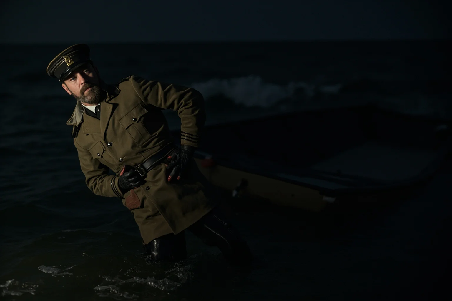 Historical Figures Who Boarded the Titanic — And 10 Who Didn't Survive 4 A military-looking Edwardian gentleman in an overcoat clinging to an overturned lifeboat in dark ocean water at night