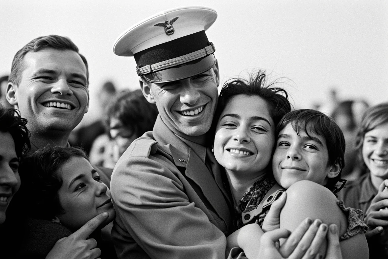A military officer in uniform embraced by family members in an emotional homecoming scene, 1970s photograph