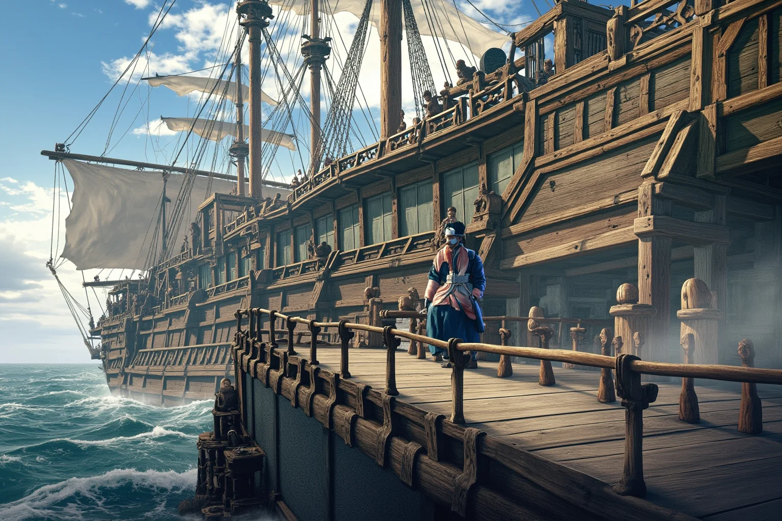 Most Interesting People in History: 22 Figures Who Shaped the World 20 A Ming Dynasty admiral standing on the deck of an enormous wooden treasure ship at sea, historical illustration style