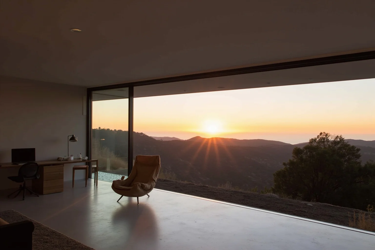A minimalist modern California home office with a window overlooking hills at sunset