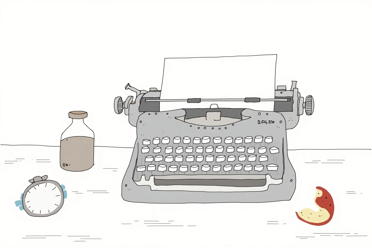 The Strange History Of The Poison Apple 22 A minimalist symbolic illustration of an old typewriter, a wristwatch, and a half-eaten apple on a desk, no people shown