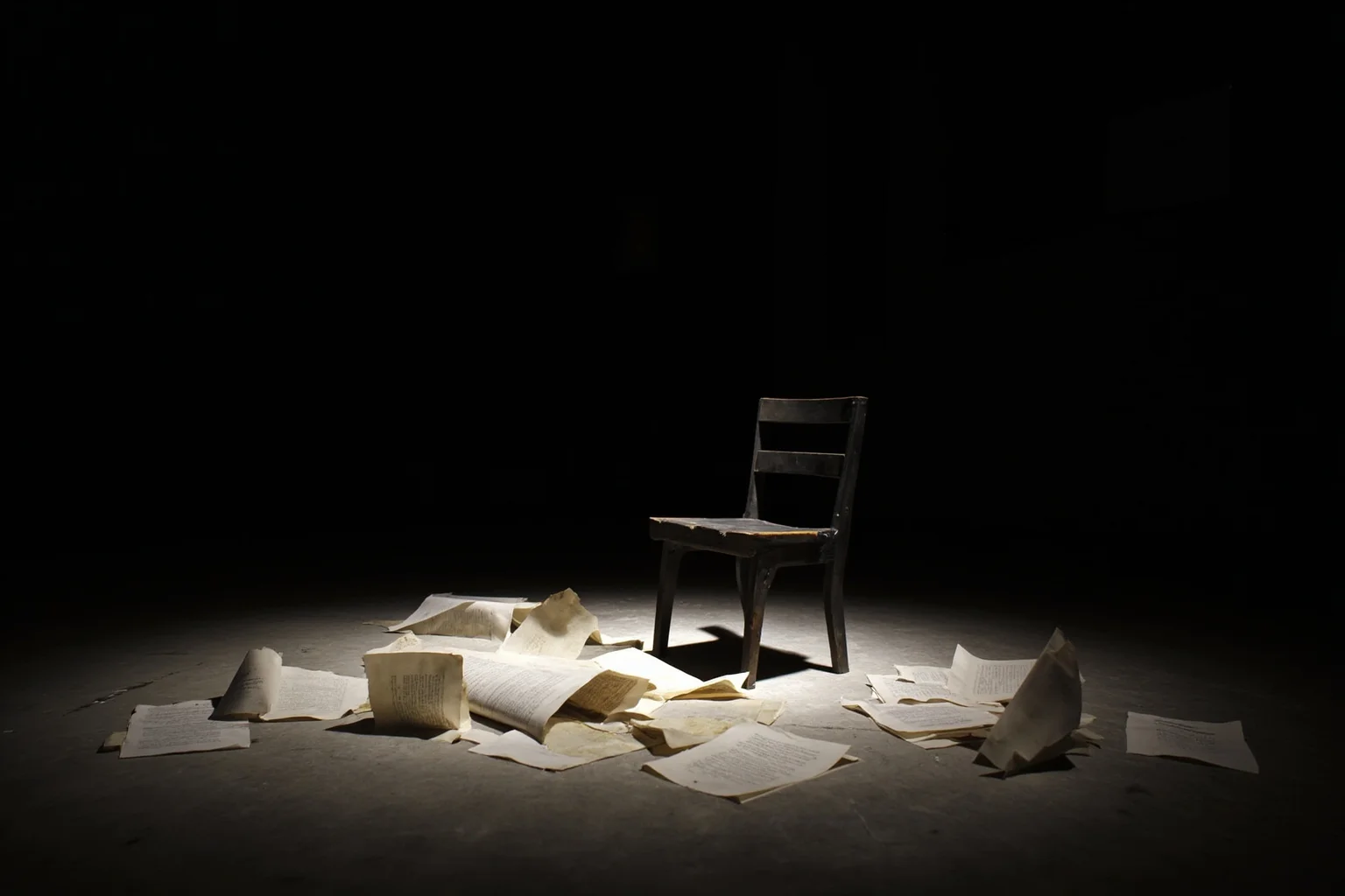 22 Hollywood Stars Whose Lives Ended in Tragedy 21 A minimalist theater stage with a single chair and dropped script pages, evoking an acclaimed actor's absence