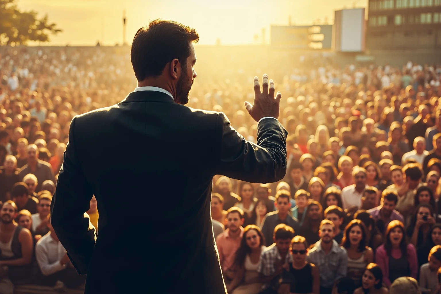 A minister in a dark suit speaking passionately to a large outdoor crowd, illustration style, no recognizable real face