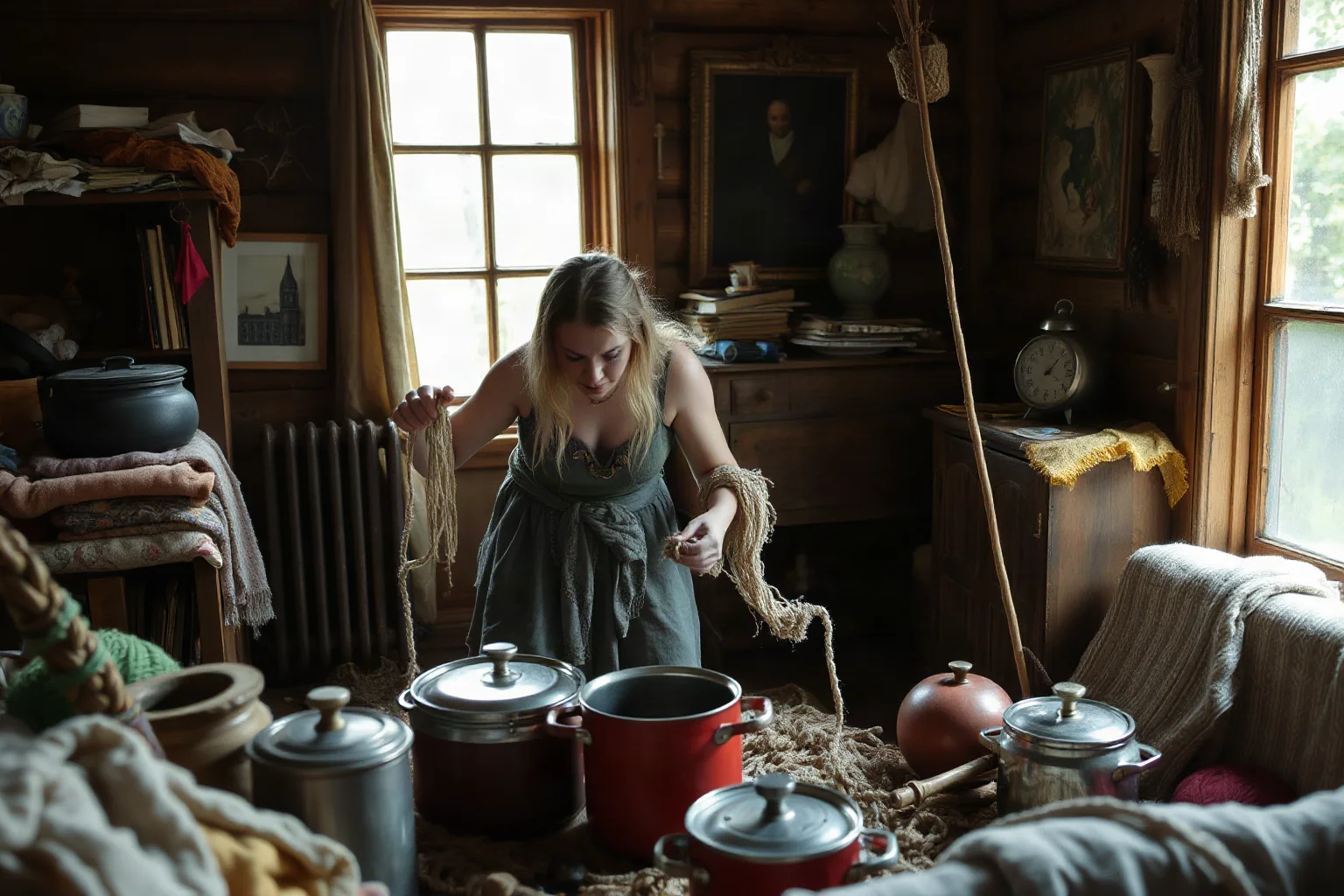 A mischievous female house spirit tangling yarn and knocking over pots in a cluttered wooden cabin